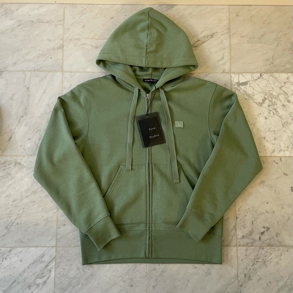 Acne Studios Face-patch Hooded Sweatshirt Dusty Green Unisex Size S - Picture 2 of 5